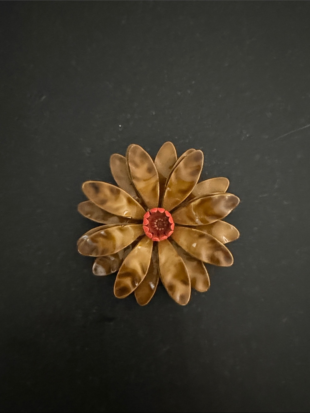 Vintage 1960s Brown Floral Brooch with Red Center
